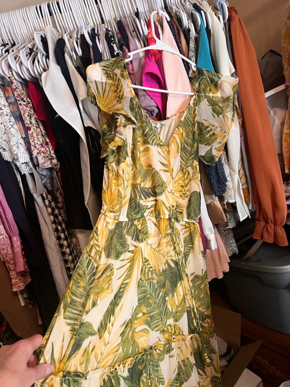 Maxi Tropical Leaf Print Dress in Green and Yellow